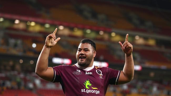 Star Reds prop Taniela Tupou celebrates reaching the Super Rugby AU grand final. Picture: Chris Hyde/Getty Images