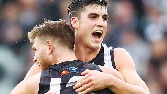 Brayden Maynard enjoys a goal against the Dockers.