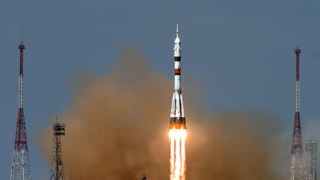 The Soyuz MS-16 spacecraft blasts off from the Baikonur cosmodrome in Kazakhstan on Thursday. Picture: Roscosmos via AFP