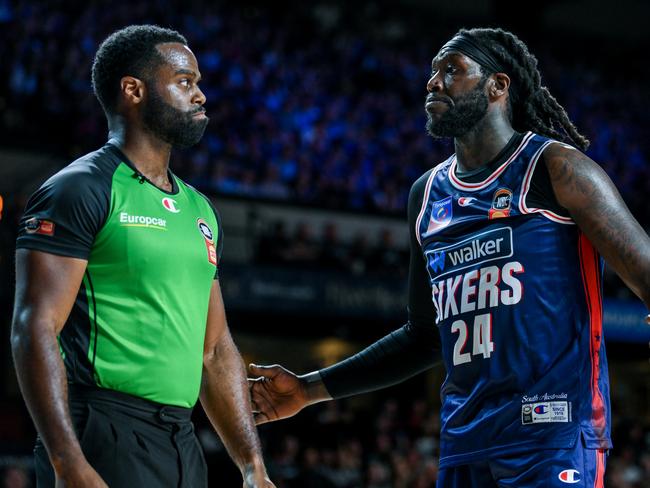 Harrell disputes a call with a referee during a clash with Tasmania this season. Picture: Getty