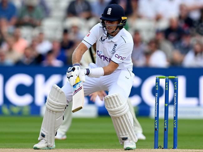 Joe Root plays a failed reverse ramp shot on the first ball of day four. Picture: Shaun Botterill/Getty Images