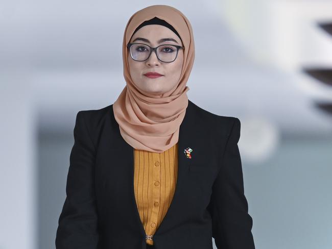 Senator Fatima Payman holds a press conference at Parliament House in Canberra. Picture: Martin Ollman