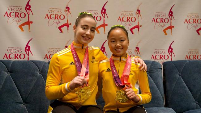 Gymnasts Catie Boffa and Hana Heo, from the Sydney Hills Gymnastics centre, after winning gold at the Acro Vegas Cup in Las Vegas in April 17, 2023. Photo: supplied.