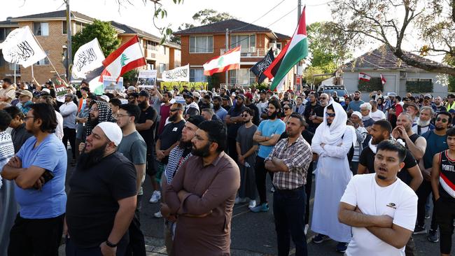 Pro-Palestine supporters hold a rally in the western Sydney Muslim heartland of Lakemba on Monday. Picture: Jonathan Ng