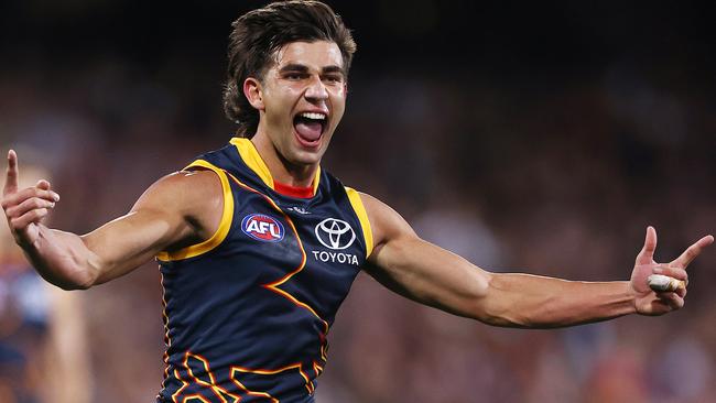 Josh Rachele’s celebration style in full swing following a goal against Carlton. Picture: Michael Klein