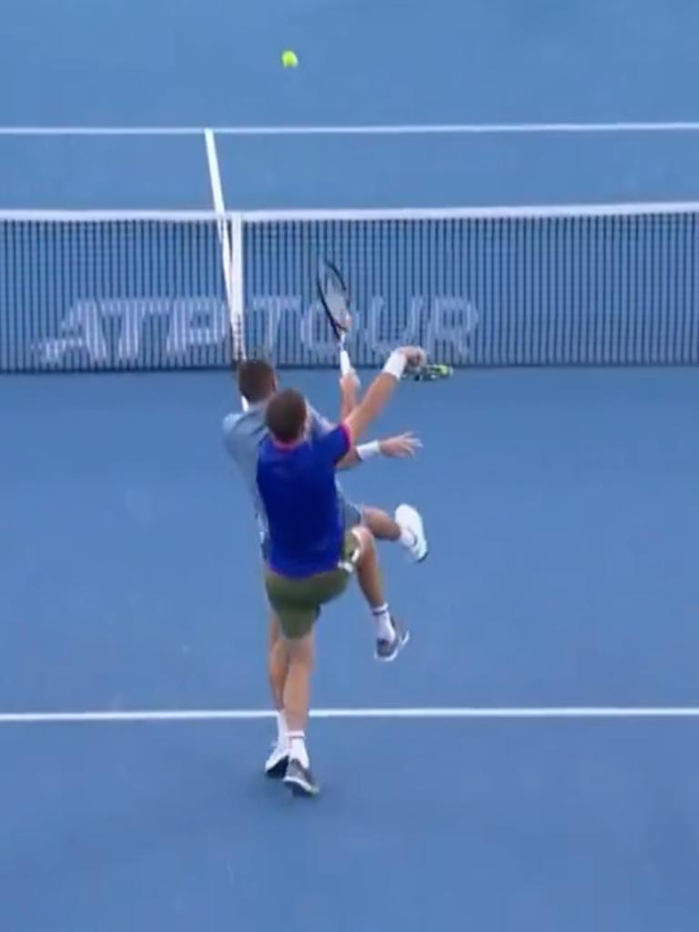 It almost ended in disaster. Credit: Tennis TV.