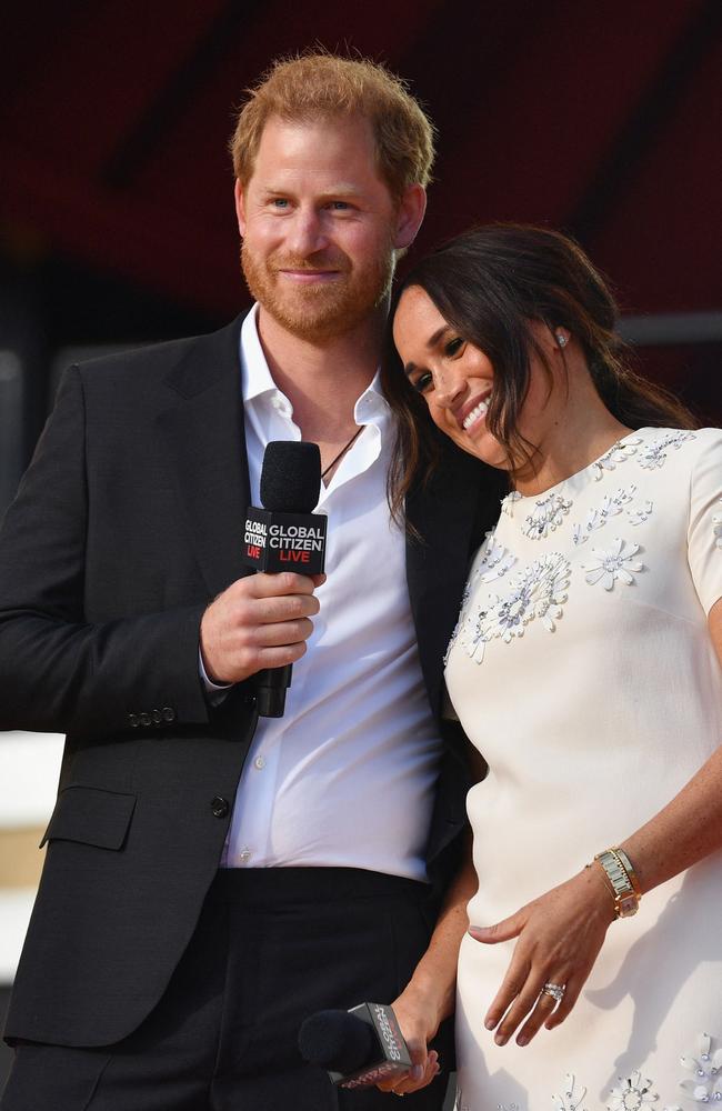 Prince Harry and Meghan Markle on stage during the 2021 Global Citizen Live festival at the Great Lawn, Central Park. Picture: AFP