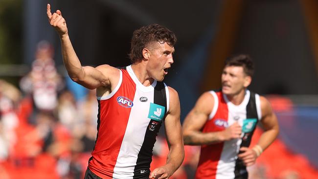 St Kilda’s Rowan Marshall celebrates kicking a goal against Hawthorn at Metricon Stadium. Picture: Getty Images