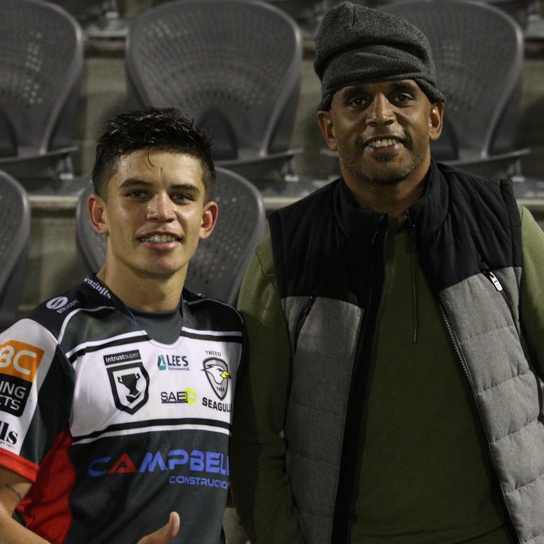 Tweed Heads Seagulls player Jayden Campbell (left) with father Preston Campbell after the club's win over Redcliffe in Round 5 of the Intrust Super Cup. Photo: Supplied.