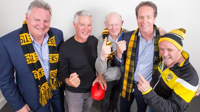 Tigers of old, Michael Roach, Geoff Raines, Kevin Bartlett, captain Bruce Monteath and Dale Weightman get behind the Tigers’ premiership bid this week. Picture: Mark Stewart