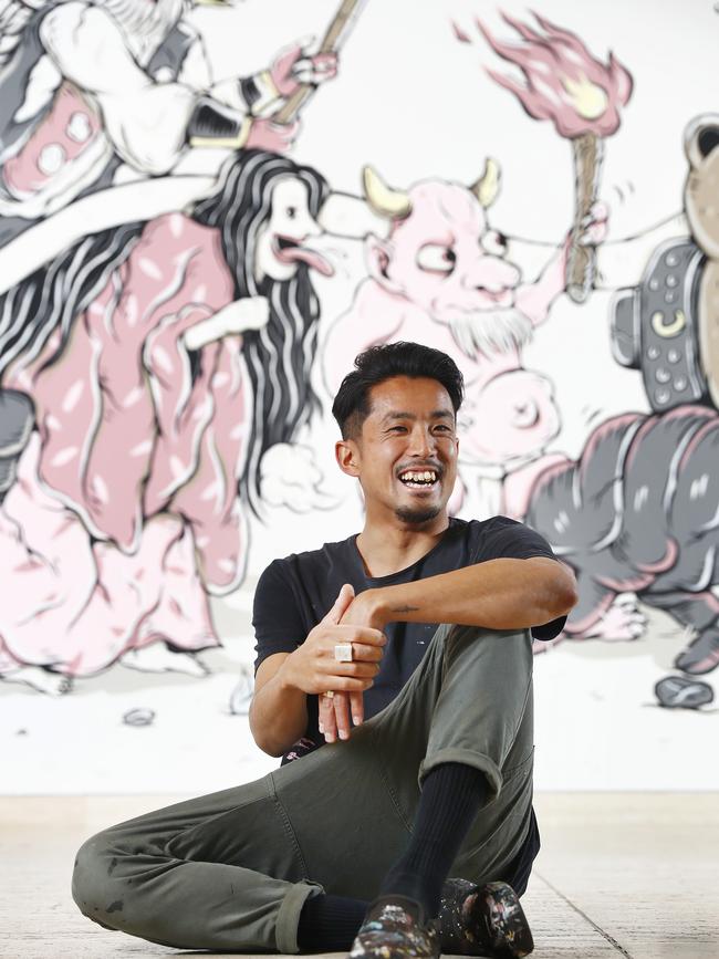 Yoshida and his assistants have spent weeks creating a mural in the AGNSW entrance hall. Picture: Sam Ruttyn