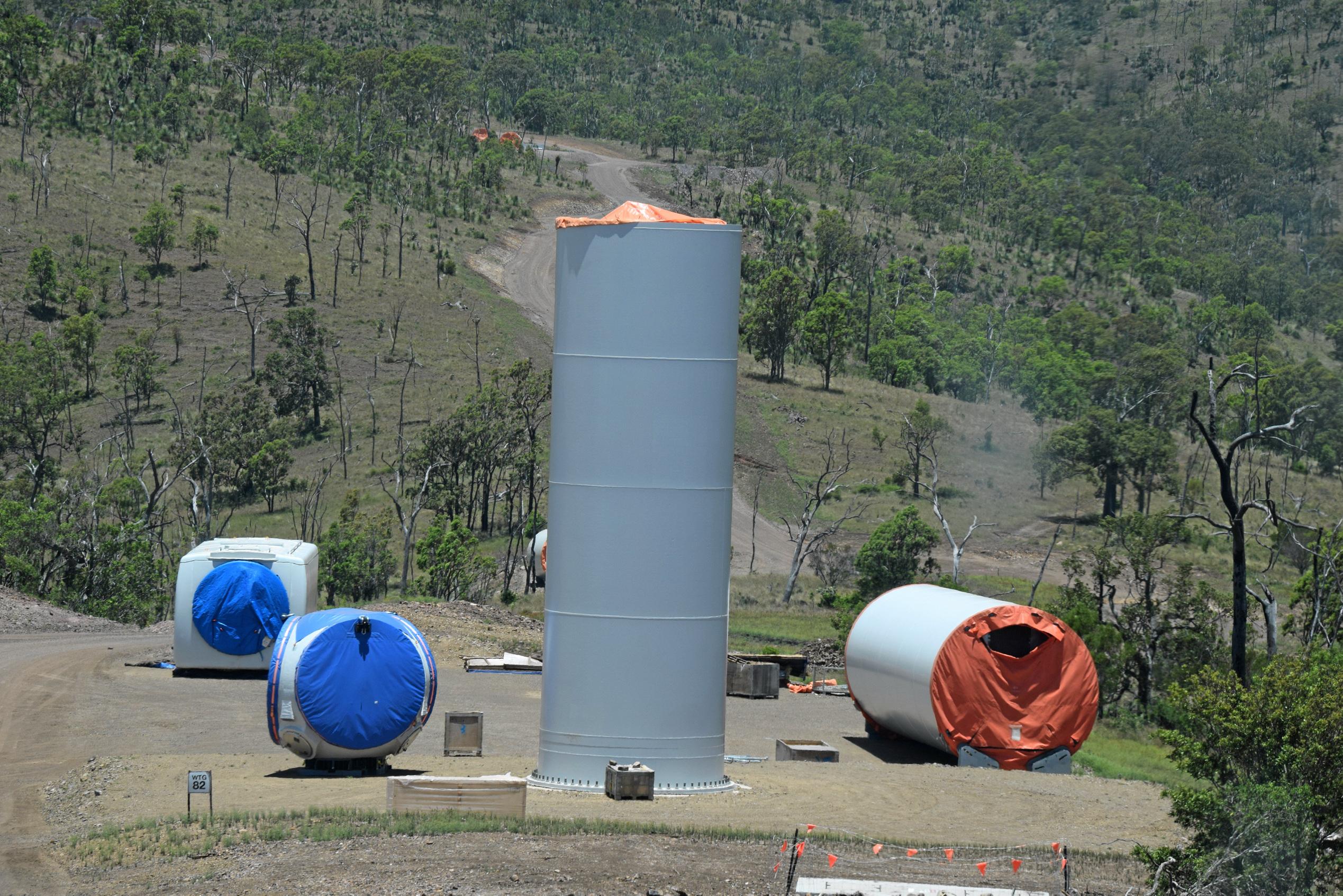 A look at the Coopers Gap wind farm with the completion of the third wind turbine only days away. Picture: Matt Collins