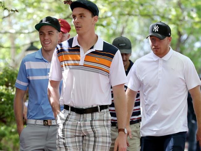 Crows players Paul Seedsman, Jake Lever and Kyle Cheney arrive for their end of season lunch.