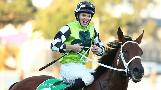 James McDonald celebrates his Queen Of The Turf Stakes win aboard Zougotcha. Picture: Getty Images