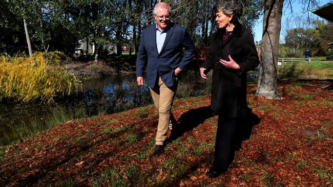 Prime Minister Scott Morrison with Eden-Monaro candidate Fiona Kotvojs in Murrumbateman, near Canberra. Picture: Adam Taylor