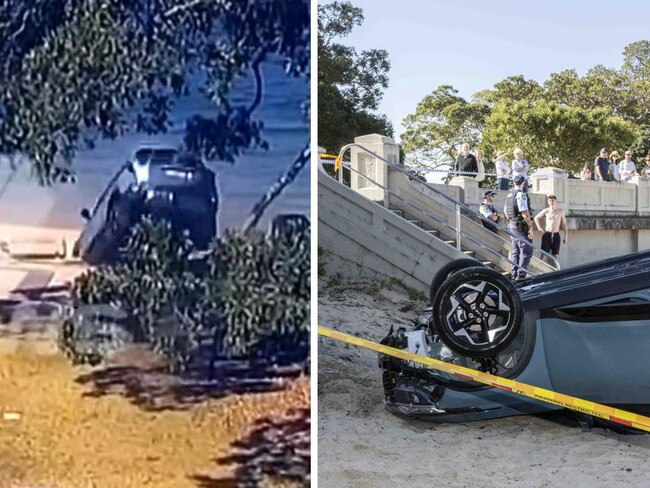 Insane moment car crashes, flips onto beach