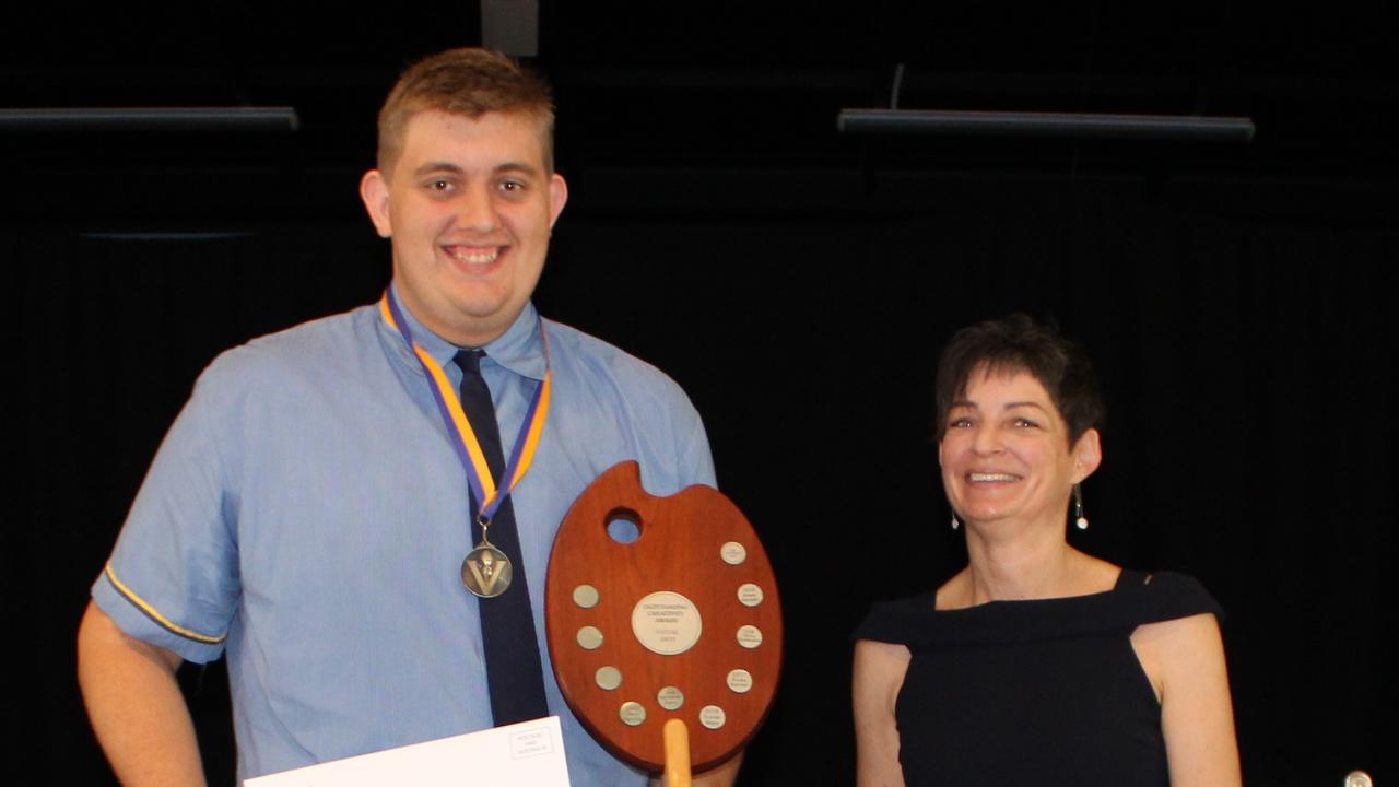 Jack Patullo was awarded Outstanding Creativity in Visual Arts and is pictured with Kirsten Orenshaw. Picture: Supplied