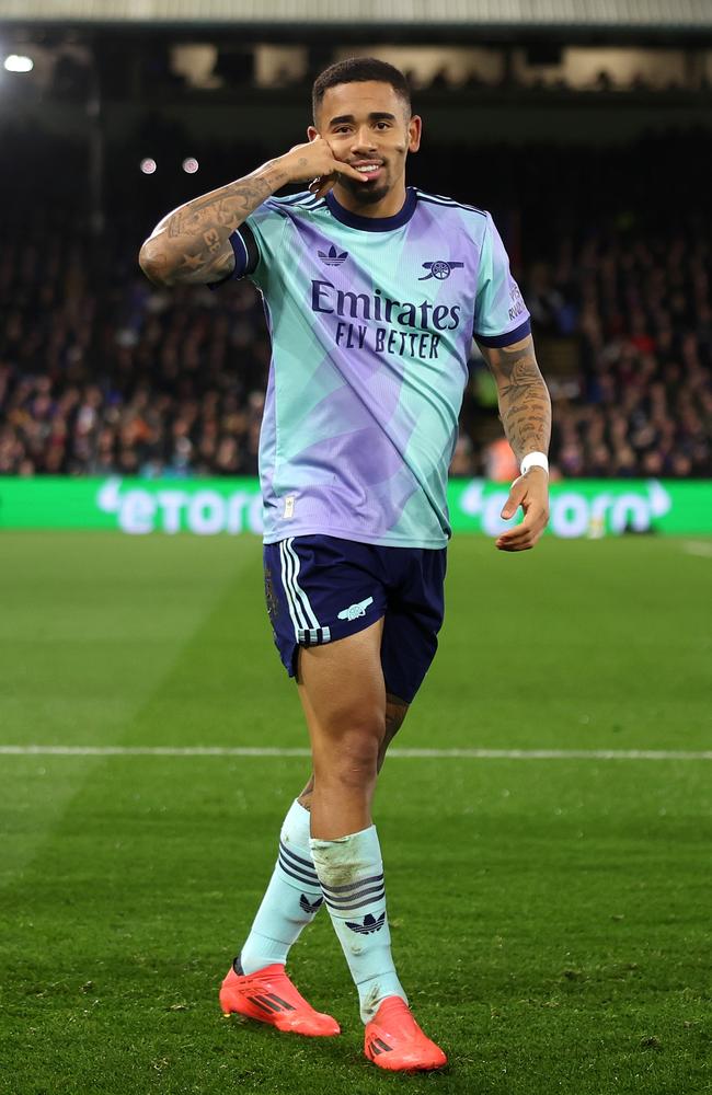 Gabriel Jesus celebrates after scoring Arsenal’s first goalagainst Crystal Palace. Picture: Getty Images