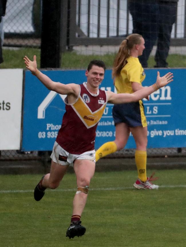 Ben Paterson celebrates the goal which won Lower Plenty the Division 2 flag.