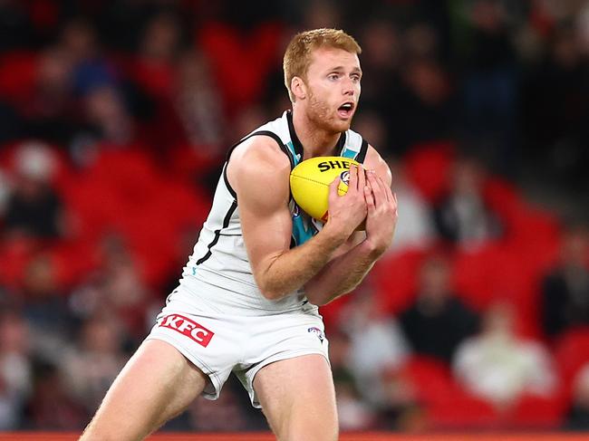 Willem Drew is set to run out in his 100th game this weekend against Carlton. Picture: Graham Denholm/AFL Photos/via Getty Images.