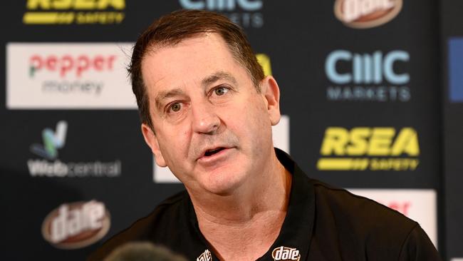 Ross Lyon speaks at his first press conference after returning as St Kilda coach. Picture: Quinn Rooney/Getty Images