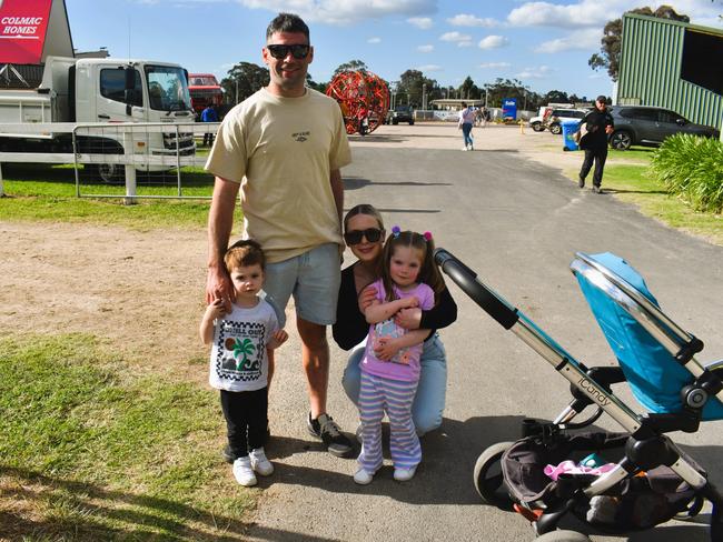 Attendees enjoying the 159th Sale Agricultural Show at the Sale Showgrounds on Friday, November 01, 2024: Michael Ierardi, Rocky, Arabella and Steph Seddon. Picture: Jack Colantuono