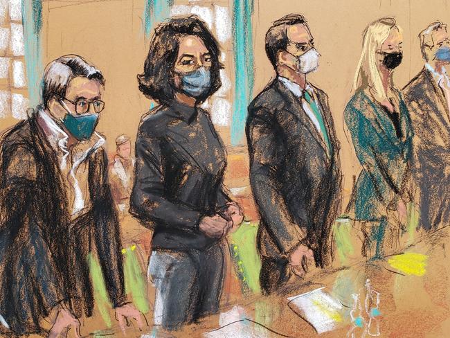 Ghislaine Maxwell stands before US. District Judge Alison Nathan with her defence team of Bobbi Sternheim, Christian Everdell, Laura Menninger, Jeffrey Pagliuca. Picture: Reuters