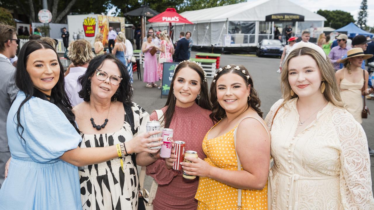 At 2023 Audi Centre Toowoomba Weetwood race day are (from left) Georgia Strohfeld, Karen Antell, Ashlee Antell, Georgia Antell and Indiah Adams. Picture: Kevin Farmer