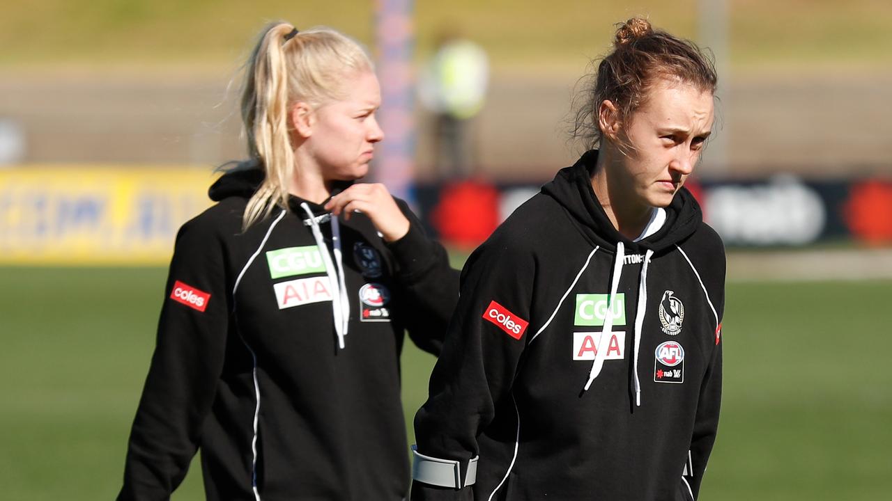 Jordyn Allen and Lauren Butler of the Magpies have suffered injury setbacks. Picture: Michael Willson