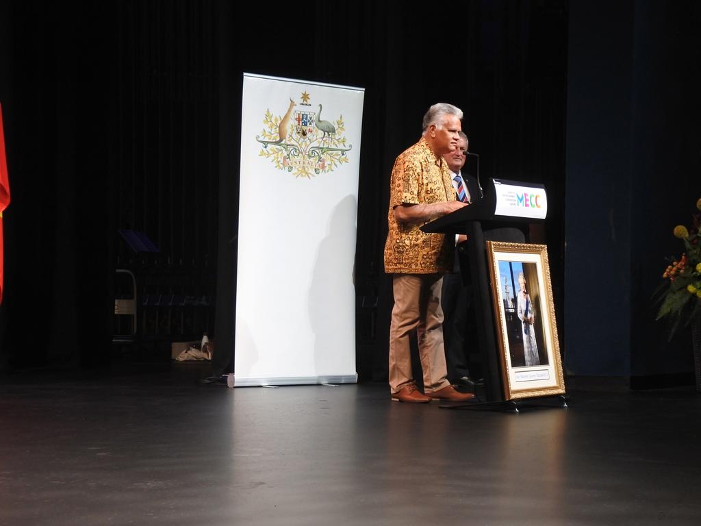 Traditional Custodian Philip Kemp gives the Welcome to Country at the Australia Day citizenship ceremony at the MECC on January 26. Wednesday, January 26, 2022. Mackay Australia Day 2022. Mackay Citizenship Ceremony 2022. Picture: Duncan Evans