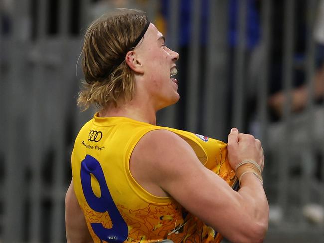 PERTH, AUSTRALIA – MAY 19: Harley Reid of the Eagles celebrates after scoring a goal during the 2024 AFL Round 10 match between Waalitj Marawar (West Coast Eagles) and Narrm (Melbourne Demons) at Optus Stadium on May 19, 2024 in Perth, Australia. (Photo by Will Russell/AFL Photos via Getty Images)