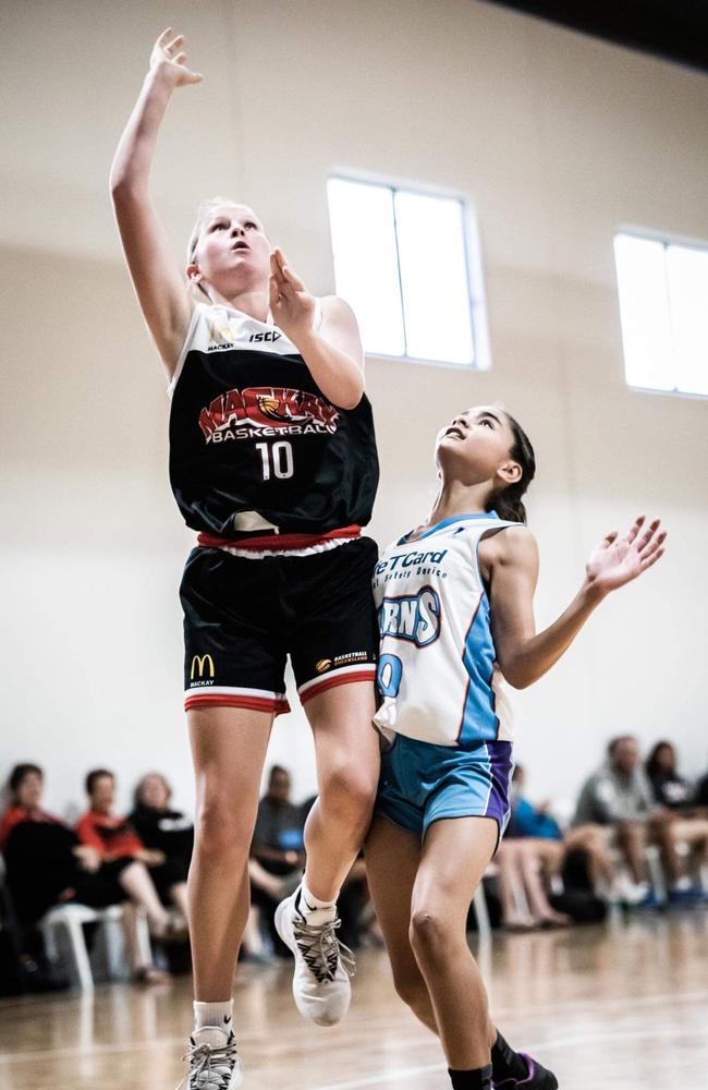 Skye Vaughan, 13, playing basketball for the Mackay Meteorettes. Picture: Contributed