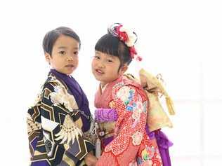 Twins Luke and Mira Sakaki whose parents Natsuko and Lee Nguyen run Sakura Harbour Japanese Restaurant in theme for Sunday's Japanese Children's Festival.