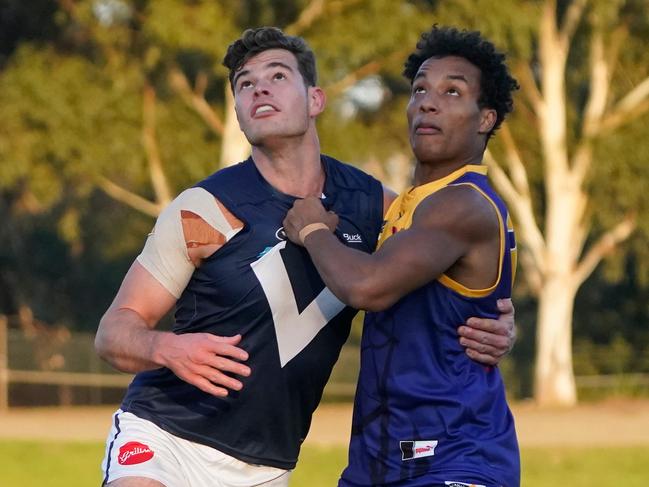 VAFA v Bendigo Football League rep game at Elsternwick Park. Tom Starch (VAFA) and BFNL player Caleb Ernst. Picture: Valeriu Campan