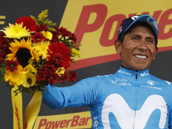 Stage winner Colombia's Nairo Quintana celebrates on the podium