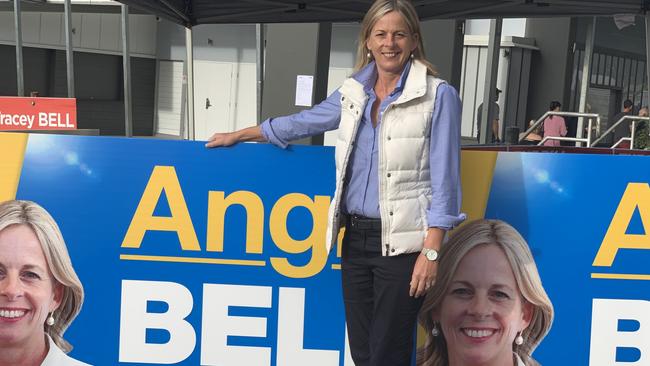 Moncrieff LNP candidate Angie Bell at a polling booth on the Gold Coast. Picture: Paul Weston.