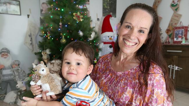 Ms Brigit Daymond and her 2 year old grandson Lincoln Tawhara getting set for the launch of the Christmas lights competition at her Nerang Home. Picture: Mike Batterham