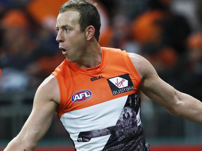 Giants Steve Johnson celebrates his last quarter goal during AFL match GWS Giants v Sydney Swans at Spotless Stadium. Picture. Phil Hillyard