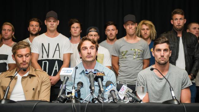 Then-Essendon captain Jobe Watson and his teammates face the media during the height of the supplements saga. Picture: Stuart Walmsley