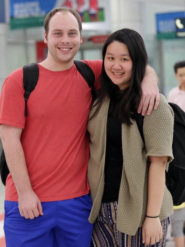 Sydneysiders Kevin O’Neill and partner Phoebe You flew into Sydney on Fiji Airways. Picture: Christian Gilles