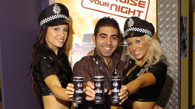 Launch of new alcoholic energy drink "Hi NRG" at the Sol Bar, Oaks Plaza Pier Hotel, Glenelg in 2007. Pictured: Anna Trukhanova, Joe Rocca and Ashlee Stewart.