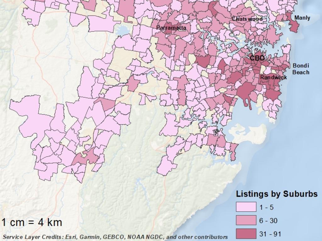 Shared housing supply by suburbs. Source: Flatmates accommodation listings Aug 2020.