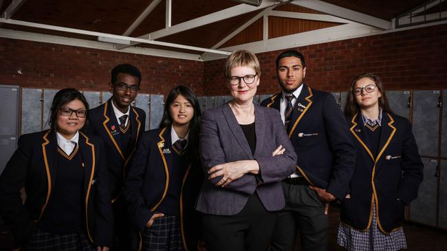 Caroline Milburn with students from Sunshine College, Ardeer campus- Dinh Duon, Ahmed Hassan, Tianna Tran, Ahmed Hassan and Rosie-Star Forsberg. Picture: Nicole Cleary