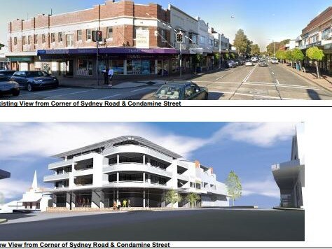 Images showing the before and after on the corner of Sydney Rd and Condamine St, Balgowlah, if the proposed shop top apartment redevelopment gets the go ahead. Picture: Wolski Coppin Architecture