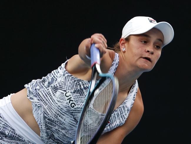 MELBOURNE.  23/01/2022. Australian Open Tennis.  Day 7. Ash Barty vs Amanda Amisimova on Rod Laver Arena.   Ash Barty in action during her round 3 match against  Amanda Amisimova  ...  Photo by Michael Klein