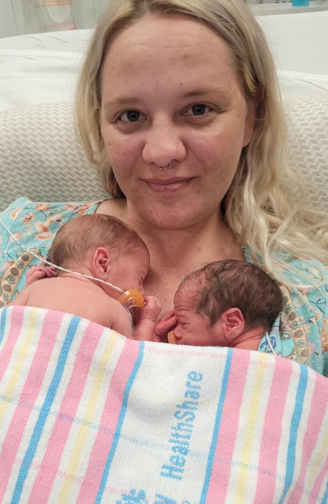 Elia Bruce and the twins in hospital after their birth. Picture: Supplied/NewsLocal