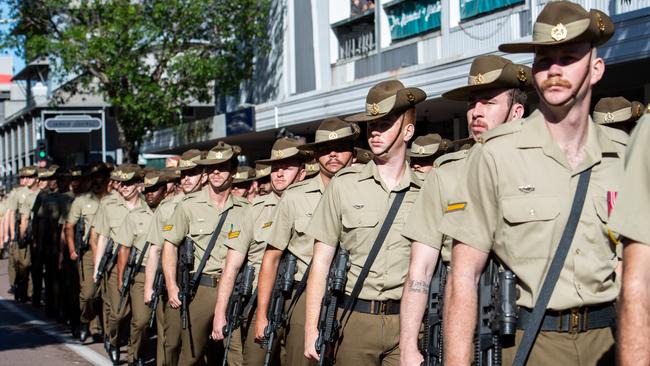 The Anzac Day march through Knuckey Street in Darwin. Picture: Pema Tamang Pakhrin