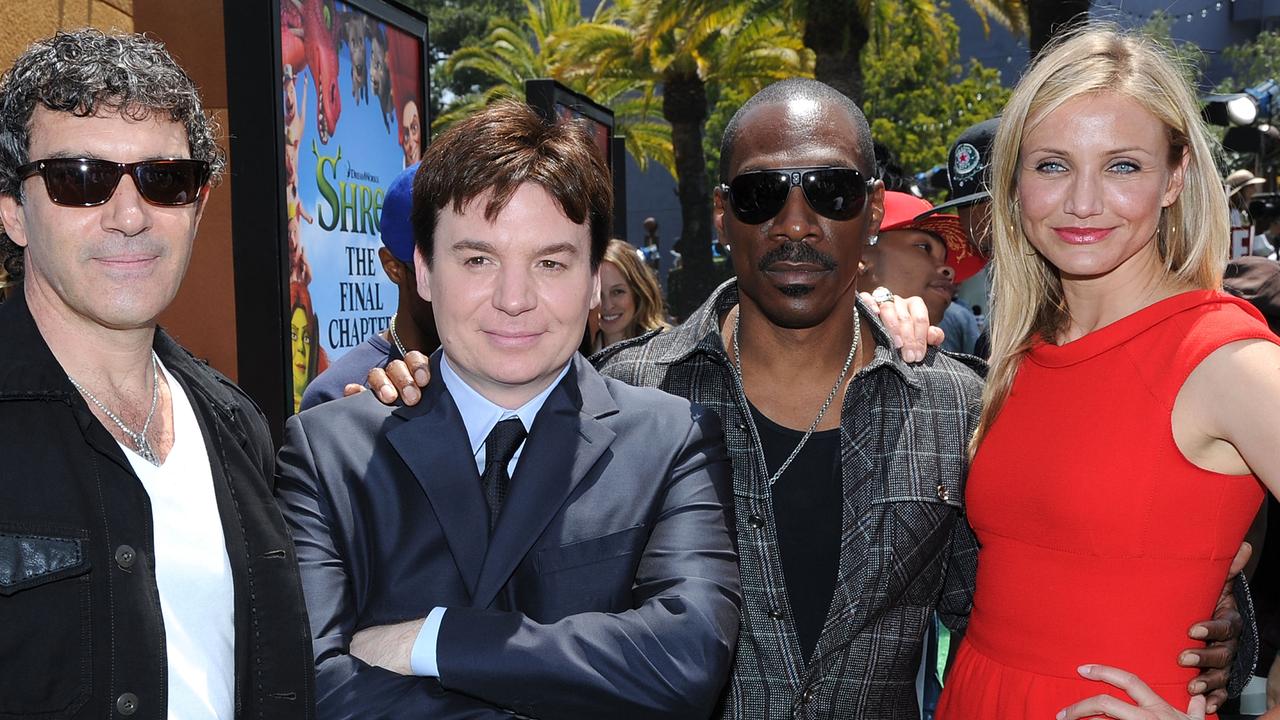 Antonio Banderas, Mike Myers, Eddie Murphy and Cameron Diaz at the premiere of DreamWorks Animation's Shrek Forever After. Picture: Kevin Winter/ Getty Images.