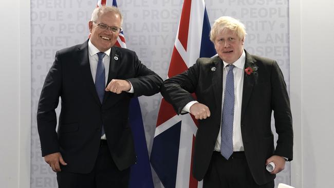 Prime Minister Scott Morrison holds a bilateral meeting with Boris Johnson at the G20 in Rome in October 2021. Picture: Adam Taylor