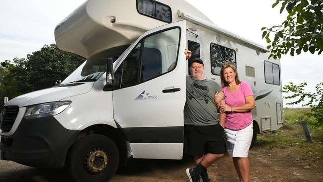 Victorian tourists Don and Nicole Street were forced to slow down in their motor home to let a 3-metre black Panther cross the highway on the way to Charters Towers. Picture: Shae Beplate.